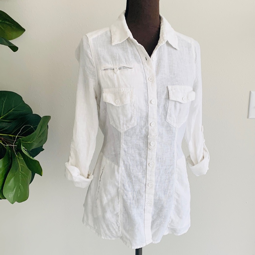 Free people boho white linen cotton long sleeve button down shirt Womens XS